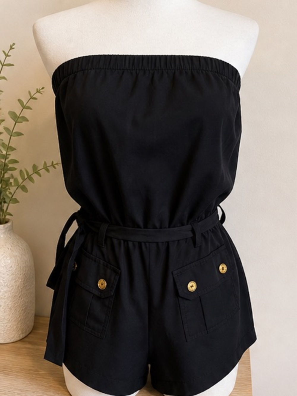 Strapless Black Romper with Gold Button Pockets